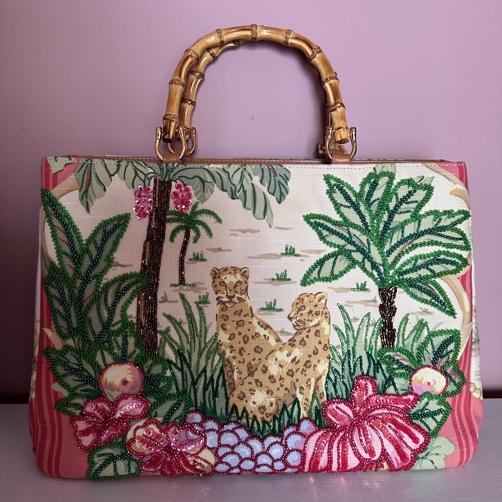 Tropical Embroidered Handbag with Bamboo Handles